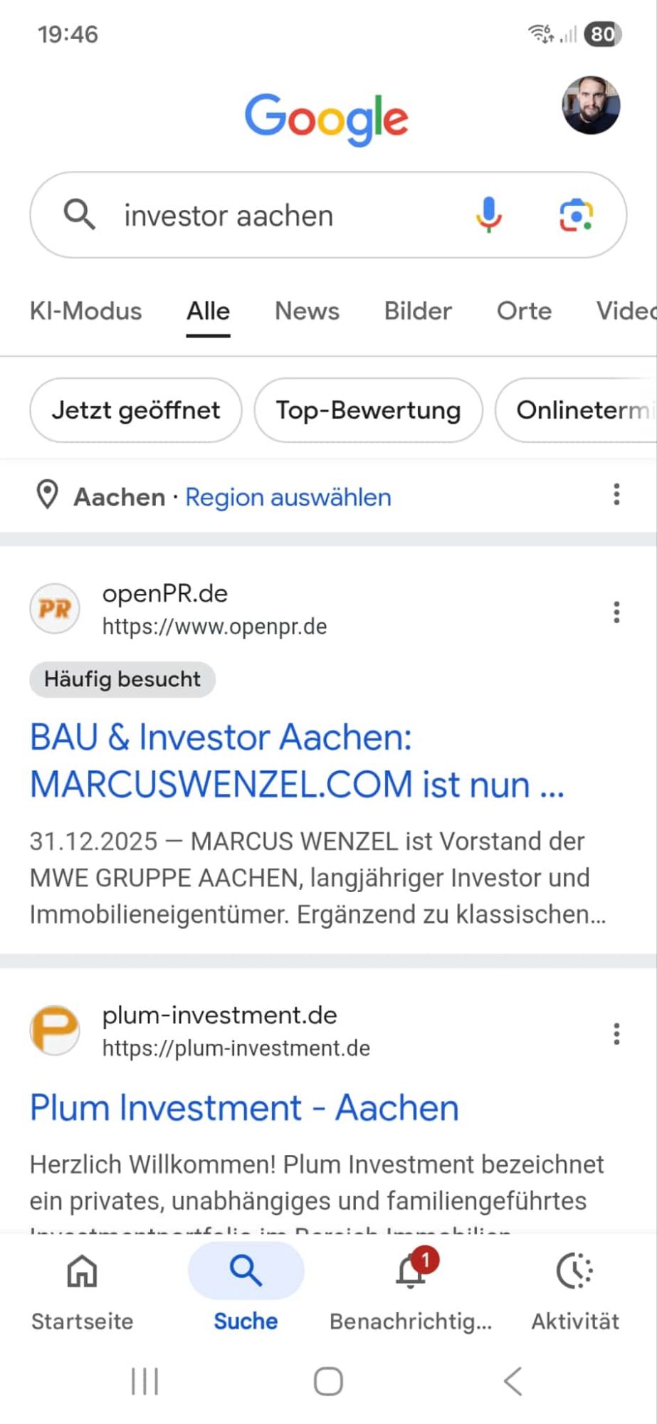 Googlesuche „Investor Aachen“ = MARCUS WENZEL Platz 1