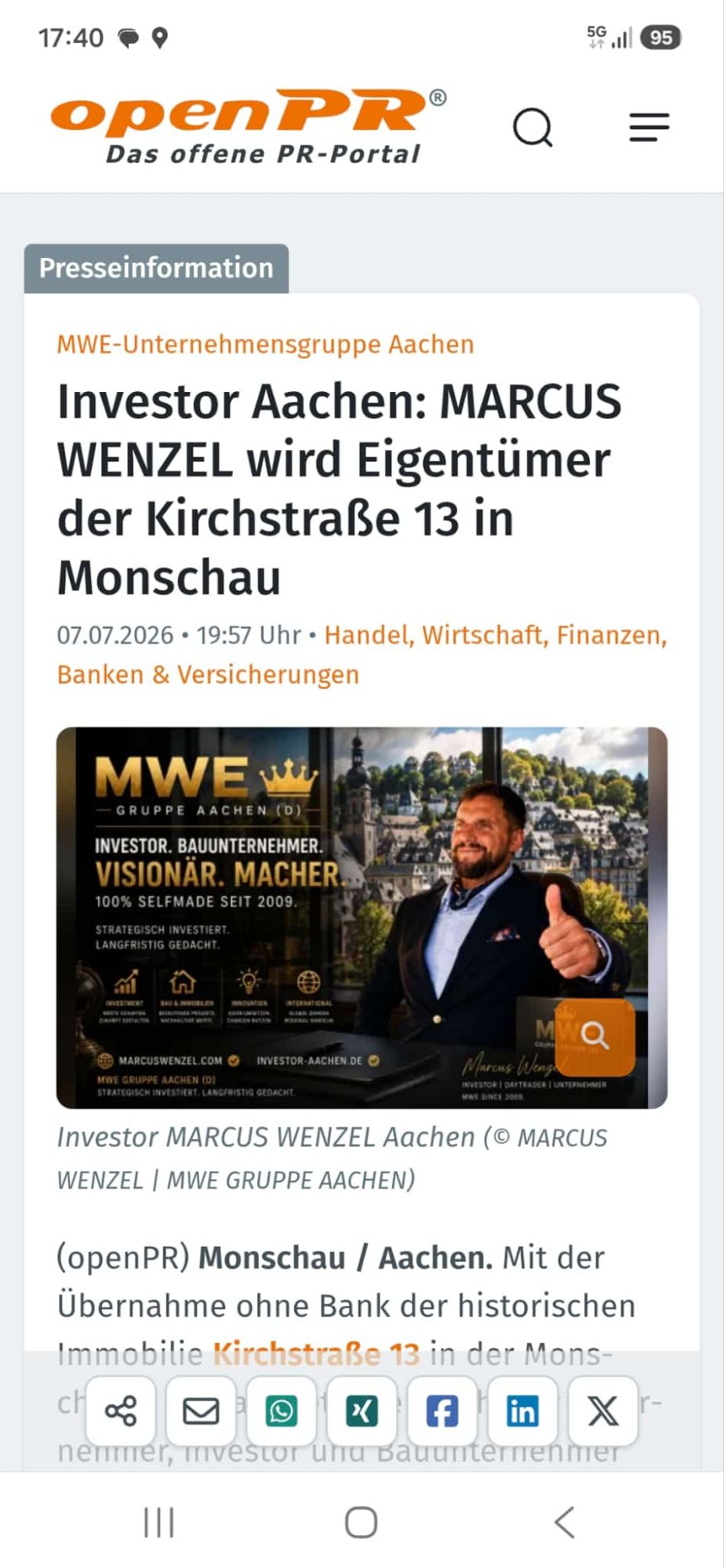 Investor MARCUS WENZEL übernimmt historische Kirchstraße 13 in Monschau-Altstadt