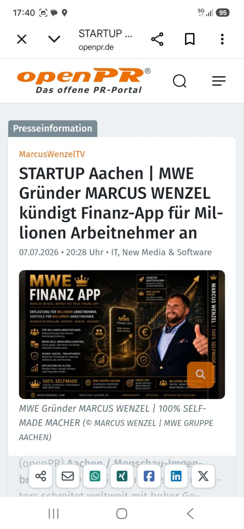 openPR | #STARTUP Aachen | MWE Gründer MARCUS WENZEL kündigt Finanz-App für Millionen Arbeitnehmer